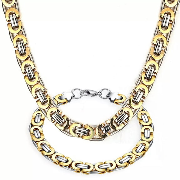 HOOUN Classic Gift Stainless Steel Flat Byzantine Chain Bracelet &Necklace Silver Gold