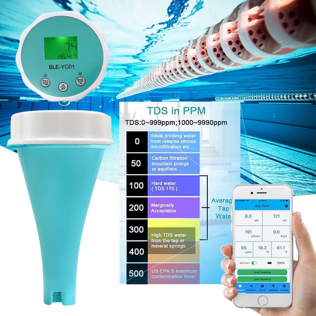 WIFKLSIIPG Testeur d'Eau de Piscine Sans Fil 6 en 1 avec Application Synchronisée : Mesure du PH, Réduction de l'Oxydation, Conductivité Potentielle, TDS, Température & Chimie Précise pour Piscine (Bleu)