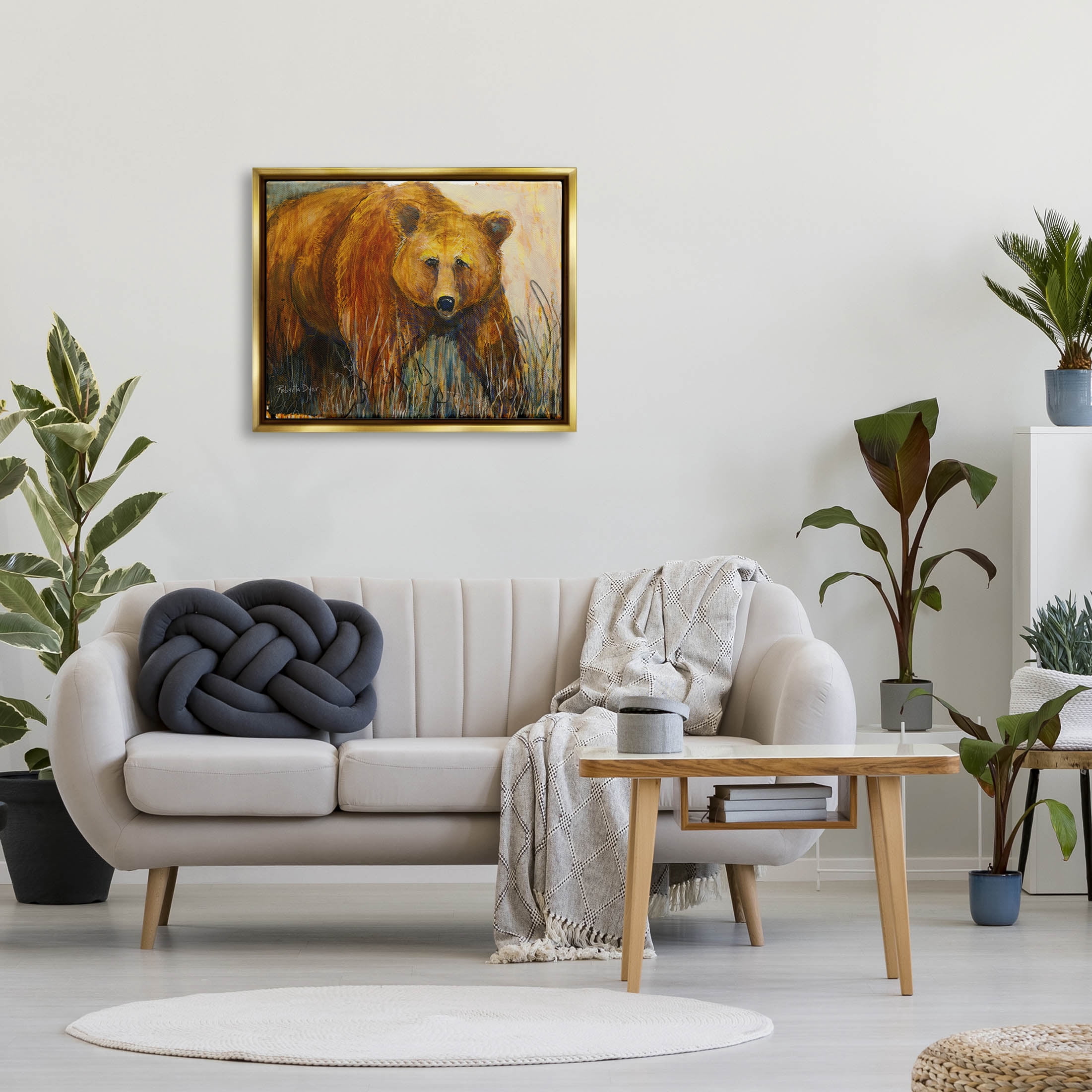 Stupell Industries Modern Bear Wildlife Scene Painting Metallic Gold Floating Framed Canvas Print Wall Art, Design by Roberta Dyer