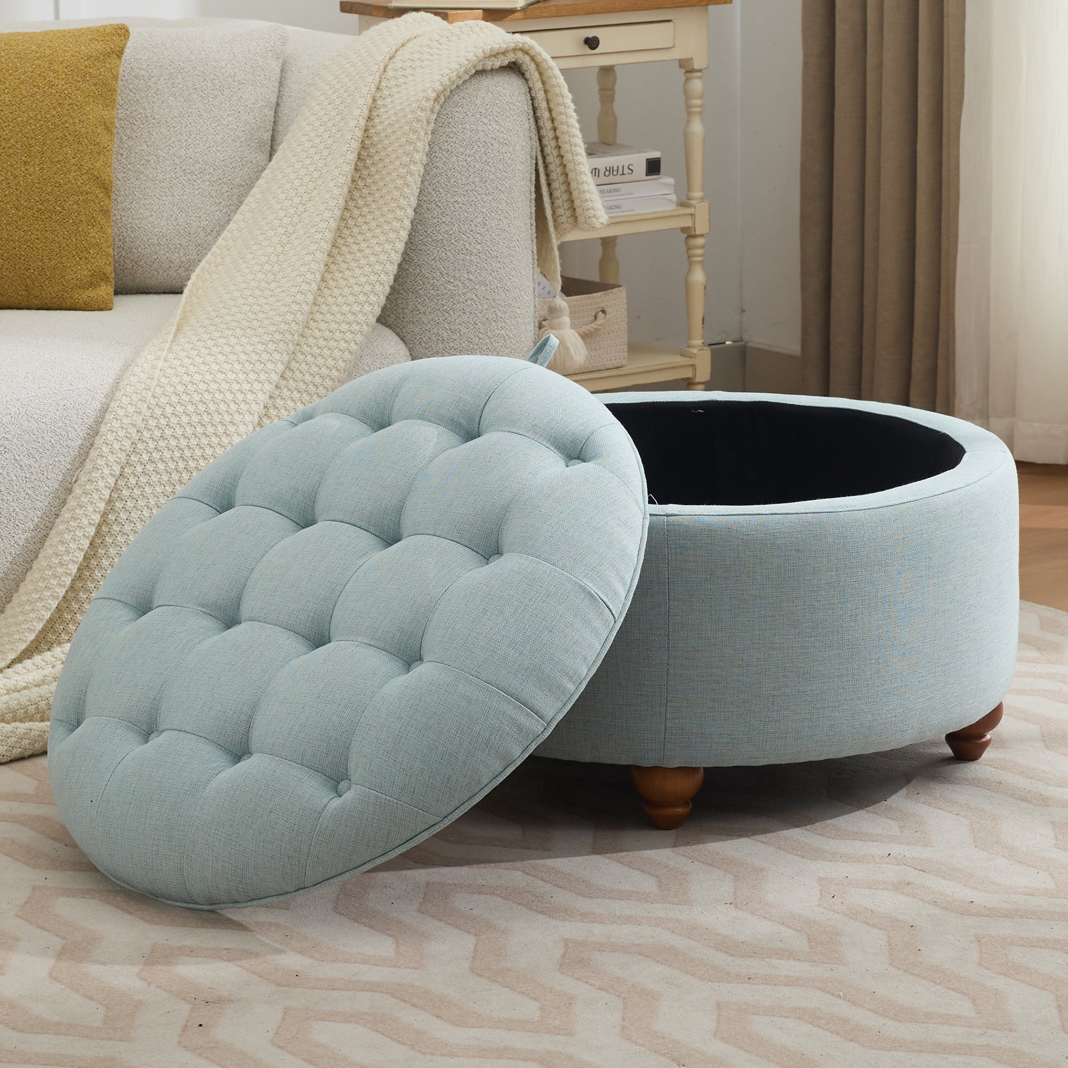 30Inch Round Storage Ottoman with Tray, Modern Tufted Fabric Circle Coffee Table with Storage, Upholstered Ottoman with Removable Top for Living Room, Bedroom, Blue