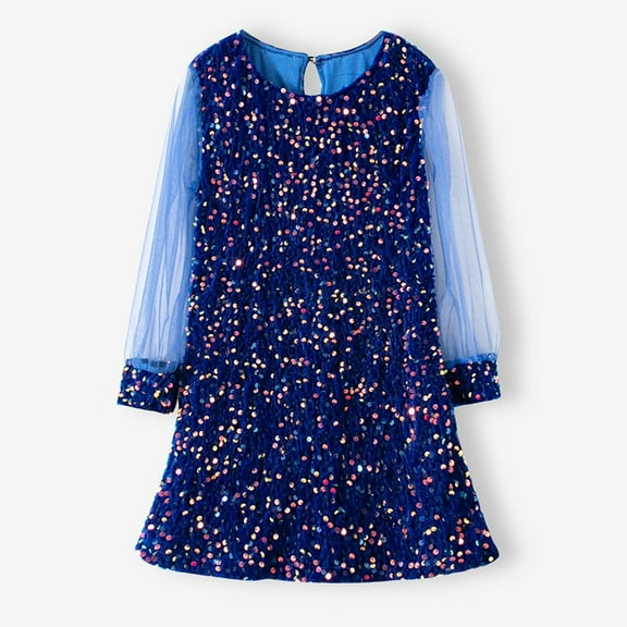 NAISIBABY Girls Princess Dress, Solid Color Mesh Long Sleeve Sequined Party Pageant Princess Dress Blue 6-9Months