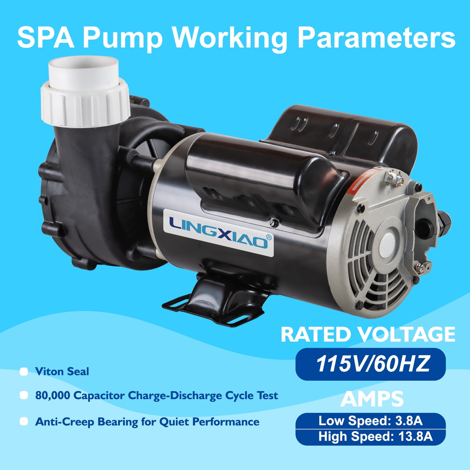 LINGXIAO SPA Pump, 2 Speed Hot Tub SPA Pump, 2HP LX SPA Pump Motor, 115V/60HZ, 2" Port - Model: 48WUA1501C-II