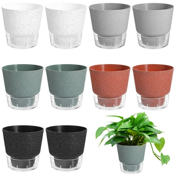 10 PCS Self Watering Planters, 6 in Succulent Pots with Wick Rope & Clear Saucer Reservoir, White Plastic Flower Pots for Home Office