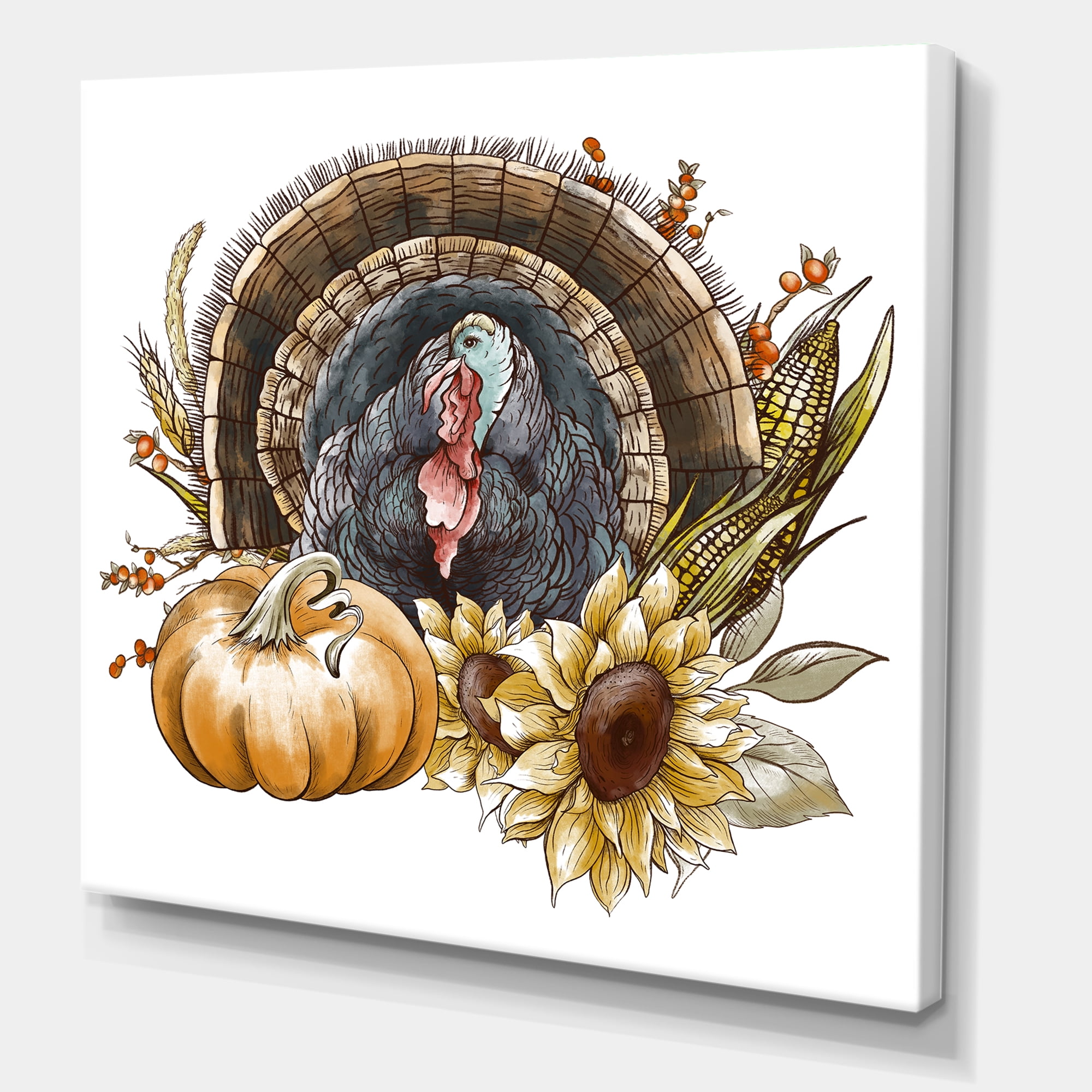 Thanksgiving Vintage Turkey Pumpkin and Sunflowers 16 in x 16 in Painting Canvas Art Print, by Designart