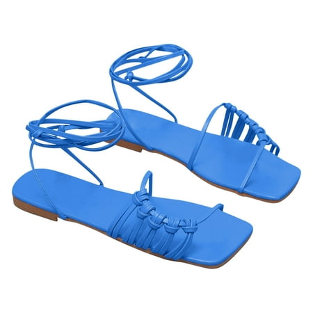 

Flat Sandals for Women Faux Leather Flatform Roman Sandals Crisscross Tie Leg Design Strappy Sandals Fashion Lightweight Square Toe Ladies Summer Beach Shoes Footwear