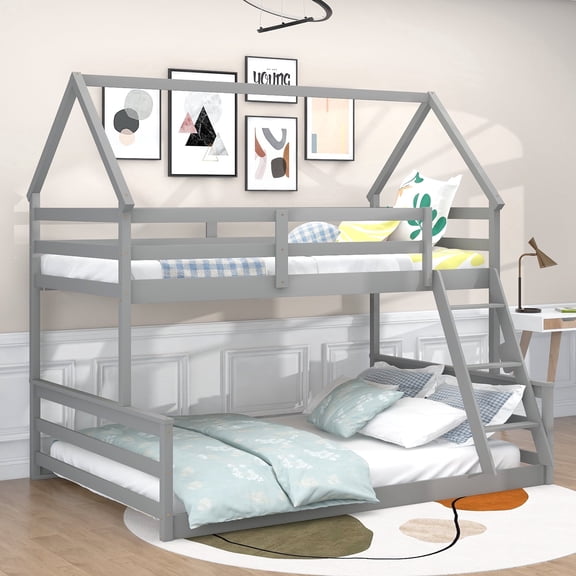 EUROCO Twin over Full Bunk Bed with Ladder, House Bed, Seperate 2 Beds in One, Gray