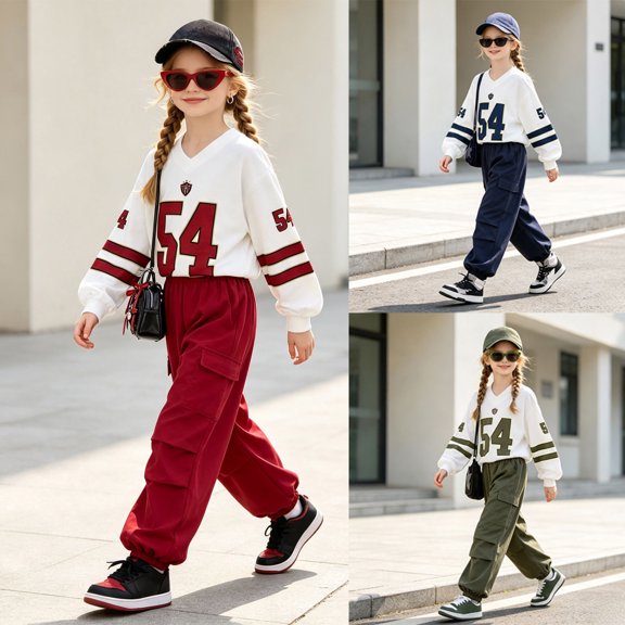 Pandaie Tween Girls Clothes Number 54 Print V Neck Sweatshirt Set Pocket Cargo Jogger Pants Two Piece Outfit 8Y-12Y Green,9-10 Years