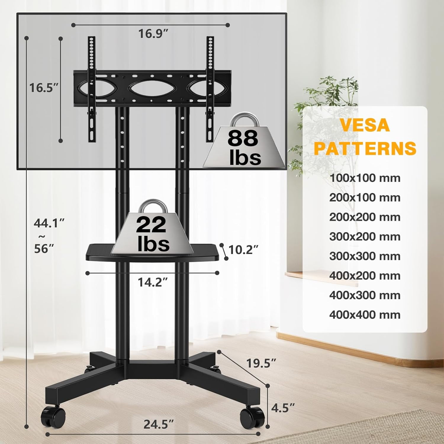 Portable Rolling TV Stand with Power Outlet for 32–75 Inch TVs, Height Adjustable Mobile TV Cart on Wheels, Fits Flat & Curved LCD, LED, OLED Screens, Supports up to 88 lbs, VESA 400x400
