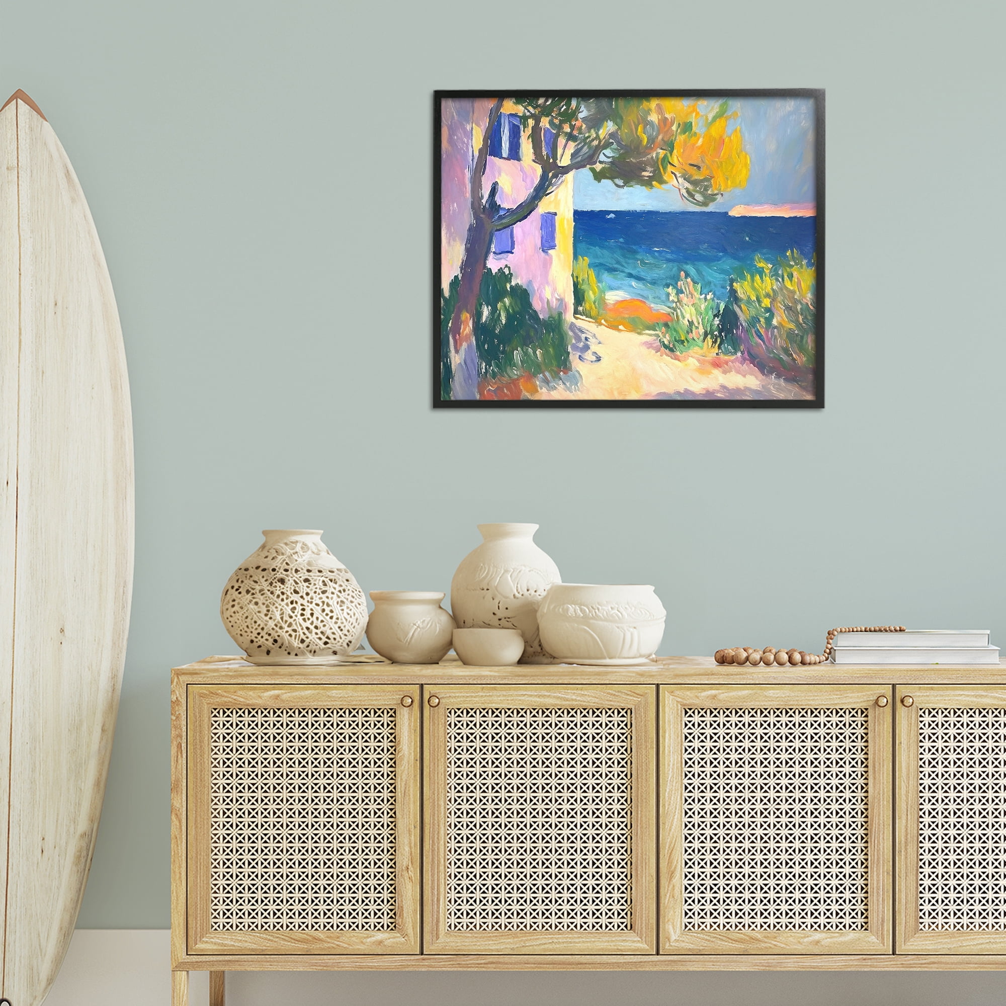 Stupell Industries House On Coastline Coastal Painting Black Framed Art Print Wall Art, 30 x 24
