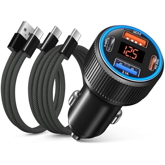 Quyaojz 65W USB C Car Charger for iPhone 17/16e/16 Plus, 4-Port Dual 12V USB-C&USB-A QC/PD 3.0 Fast Charging Car Charger Cigarette Lighter Adapter Voltmeter for iPhone,iPad,Galaxy 2X USB C Cable
