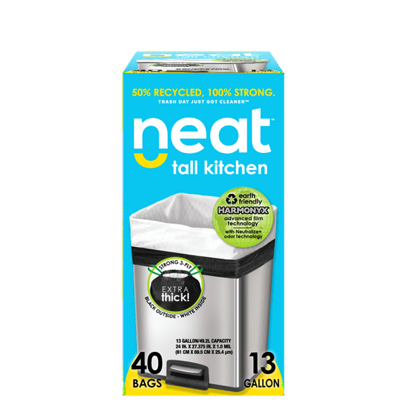 neat 13 Gallon Drawstring Trash Bags - (40 Count) - Triple Ply Fortified, Eco-Friendly 50% Recycled Material, Neutralize+ Odor Technology, Reversible Black and White Garbage Bags