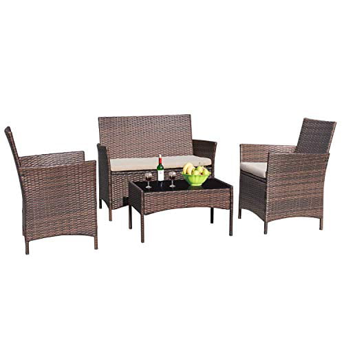 PE Rattan Wicker Chairs with Table Brown and Beige Greesum 4 Pieces Patio Porch Furniture Sets 