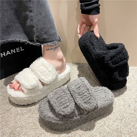 

Female Shoes House Slippers Platform Fur Flip Flops Slides Med Fashion Flock 2023 Plush Massage Flat Luxury Basic Rubber Autumn