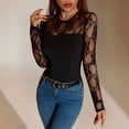 thumbnail image 2 of Lace Long Sleeve Bodysuit for Women Crew Neck Body Suits Slimming Going Out Concert Tops Fall Black M(M), 2 of 6