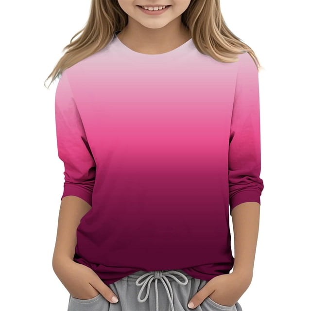 LWFFDAW T-Shirts à Manches 3/4 pour Filles, Décontractés, Col Rond, Graphiques Dégradés Tendance, Confortables, Légers, pour Sortir, pour 3-12 Ans