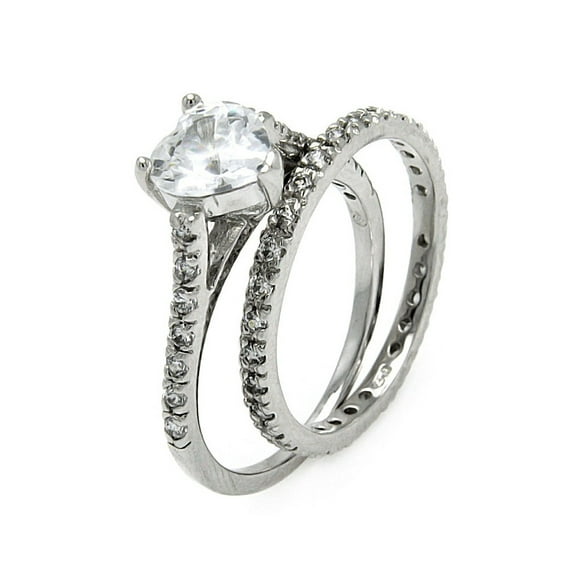Clear Heart Cubic Zirconia Eternity Wedding Ring Rhodium Plated Sterling Silver Size 5