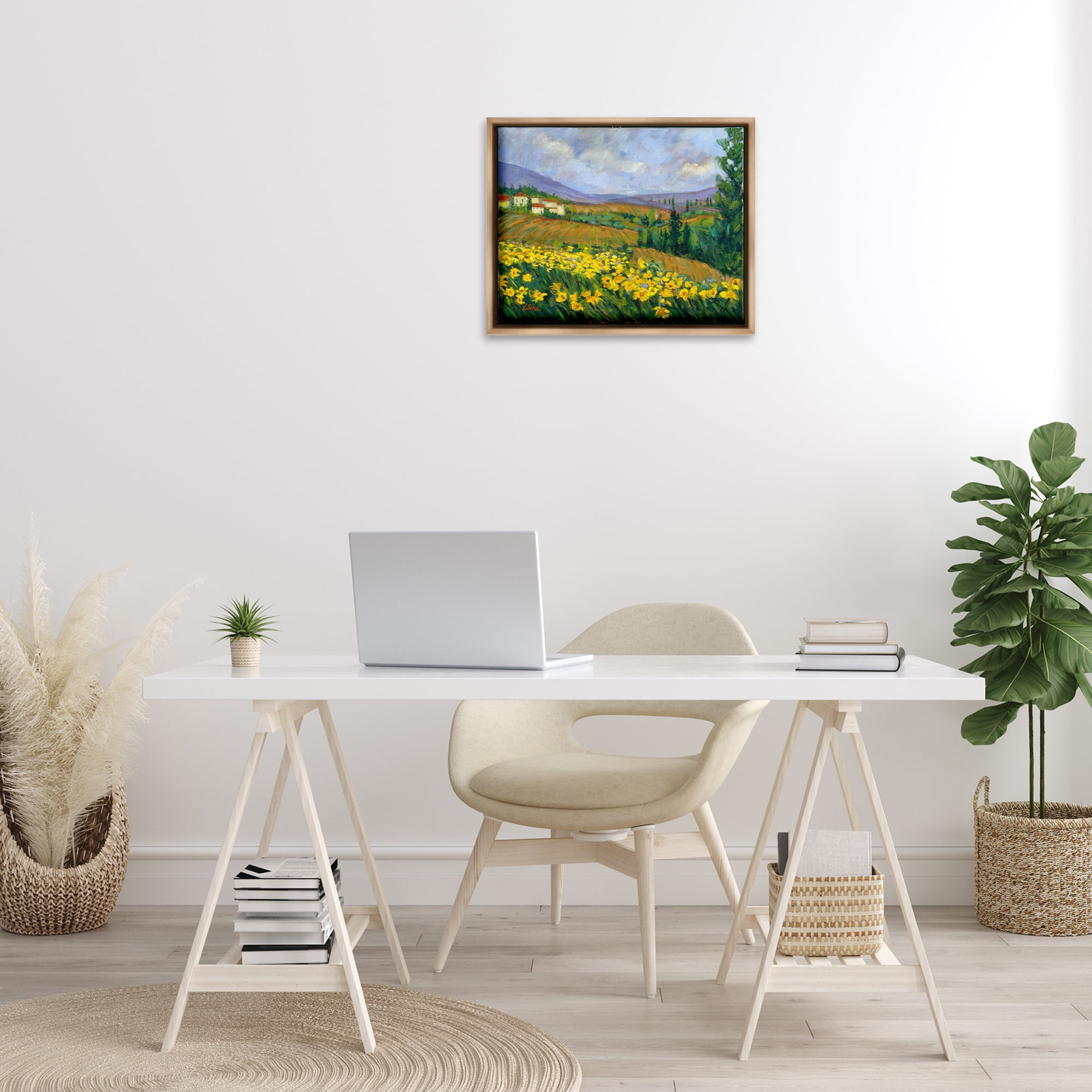 Stupell Industries Daffodil Field by Farm Landscape & Nature Painting Brown Floater Framed Canvas Art Print Wall Art, 21 x 17
