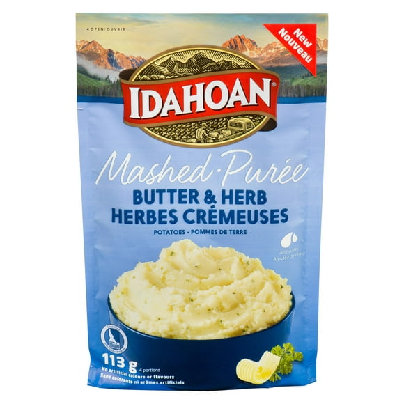 Idahoan Butter & Herb Mashed Potatoes, Idahoan Butter & Herb Mashed Potatoes. Made with 100% REAL Idaho potatoes perfectly blended with butter and parsley.