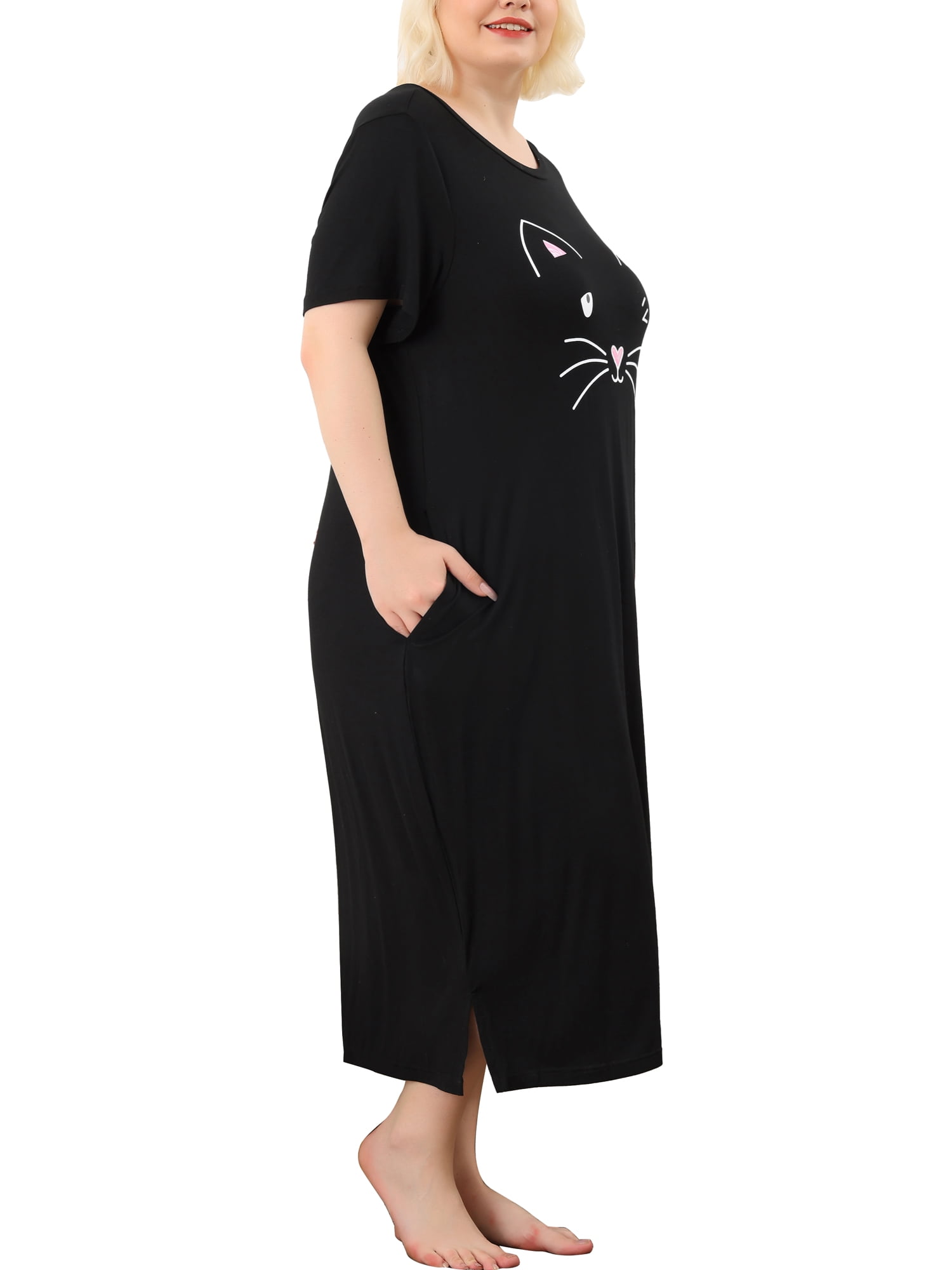 Unique Bargains Women's Plus Nightgown Short Sleeve Cat Print Nightshirt