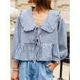 thumbnail image 3 of Elippeo Women's Summer Sweet Shirt Plaid Print Lantern Long Sleeve Doll Collar Bow Tie-Up Front Loose Peplum Tops, 3 of 8