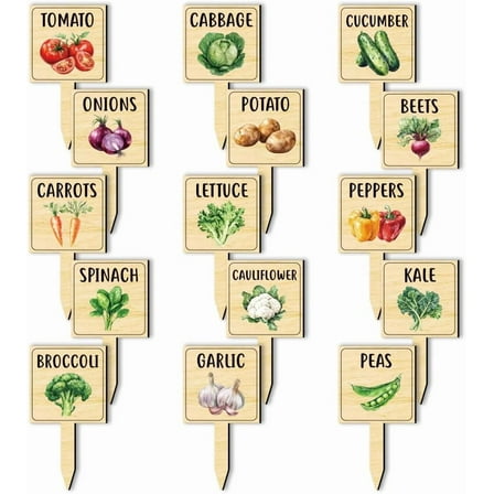 15 Pcs Watercolor Vegetable Plant Labels Wooden Markers T Type Tags Garden Labels with Printed Pattern Wood Garden Stakes for Indoor and Outdoor Potted Vegetable Seed