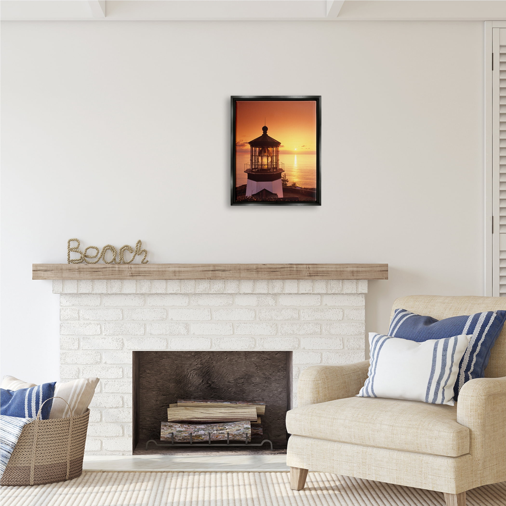Stupell Industries Lighthouse Beacon at Sunset Nature Photography Black Floater Framed Art Print Wall Art, 17 x 21