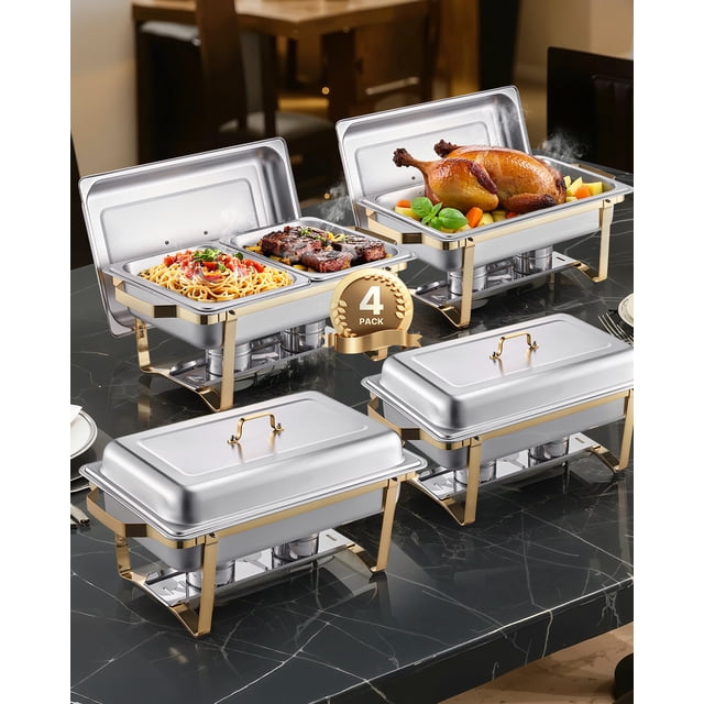 VEVOR 8 Qt 4 Pack Rectangle Chafing Dish Buffet Set in gold finish, featuring full-size and half-size stainless steel pans. The set includes four chafing dishes with gold-accented frames, fuel holders, and lids. Displayed on a black marble table, the dishes showcase food like roasted chicken, pasta, and steak, emphasizing its use for catering, buffets, and events.
