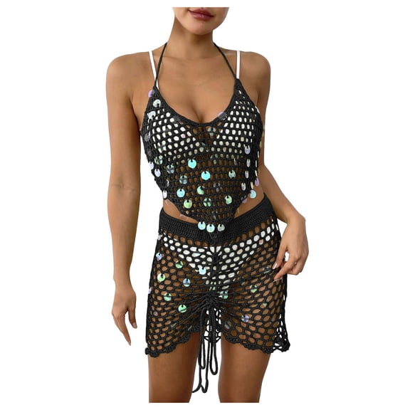 COMVALUE Womens Swimsuit Cover Up 2 Piece Sequin Crochet Set Bikini Coverups Beach Outfits 2026 (One Size, Black)