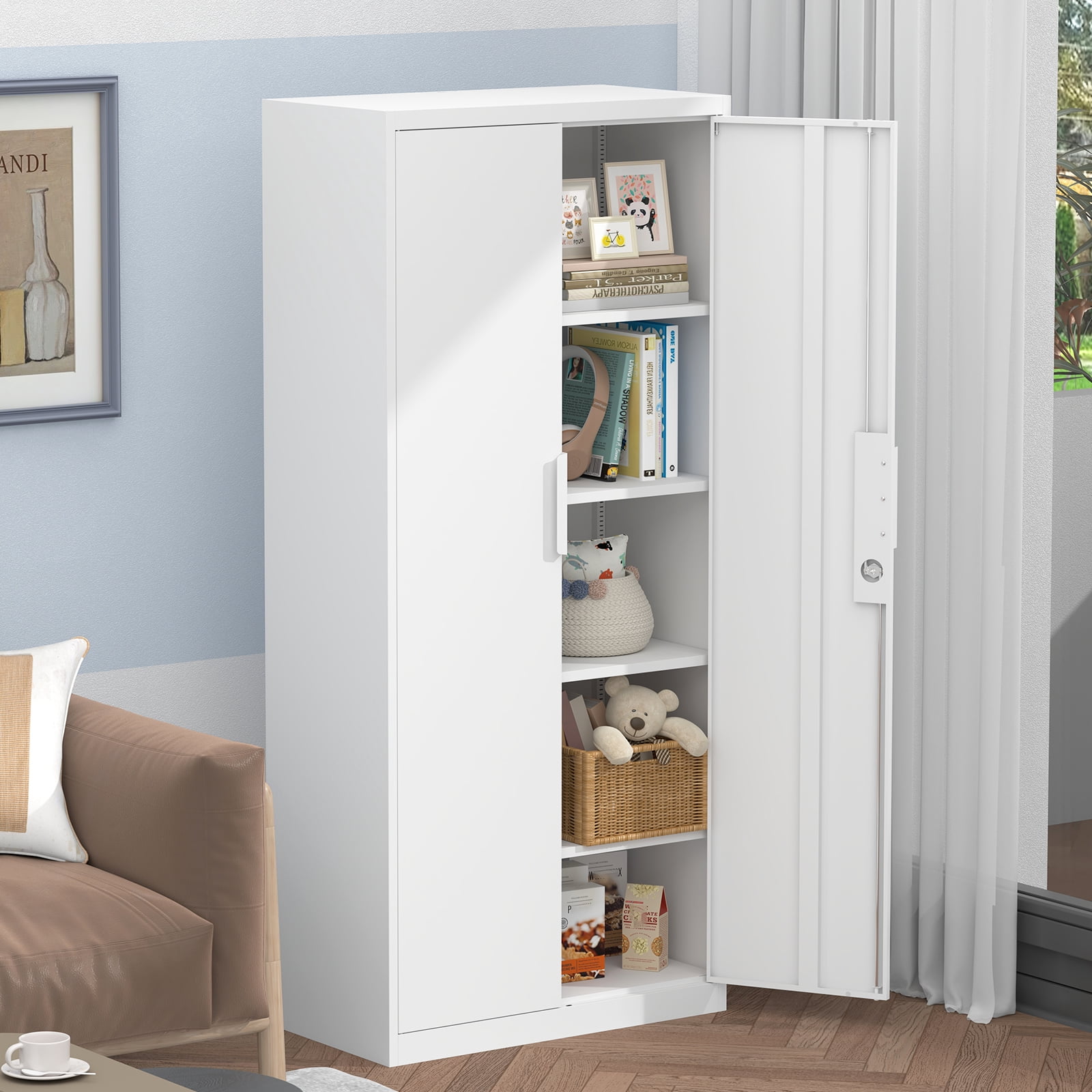 Marcree Metal Garage Storage Cabinet with 2 Doors and Adjustable Shelves - 71" Steel Lockable File Cabinet, Locking Tool Cabinets for Office, Home, Garage, Gym, School (White)