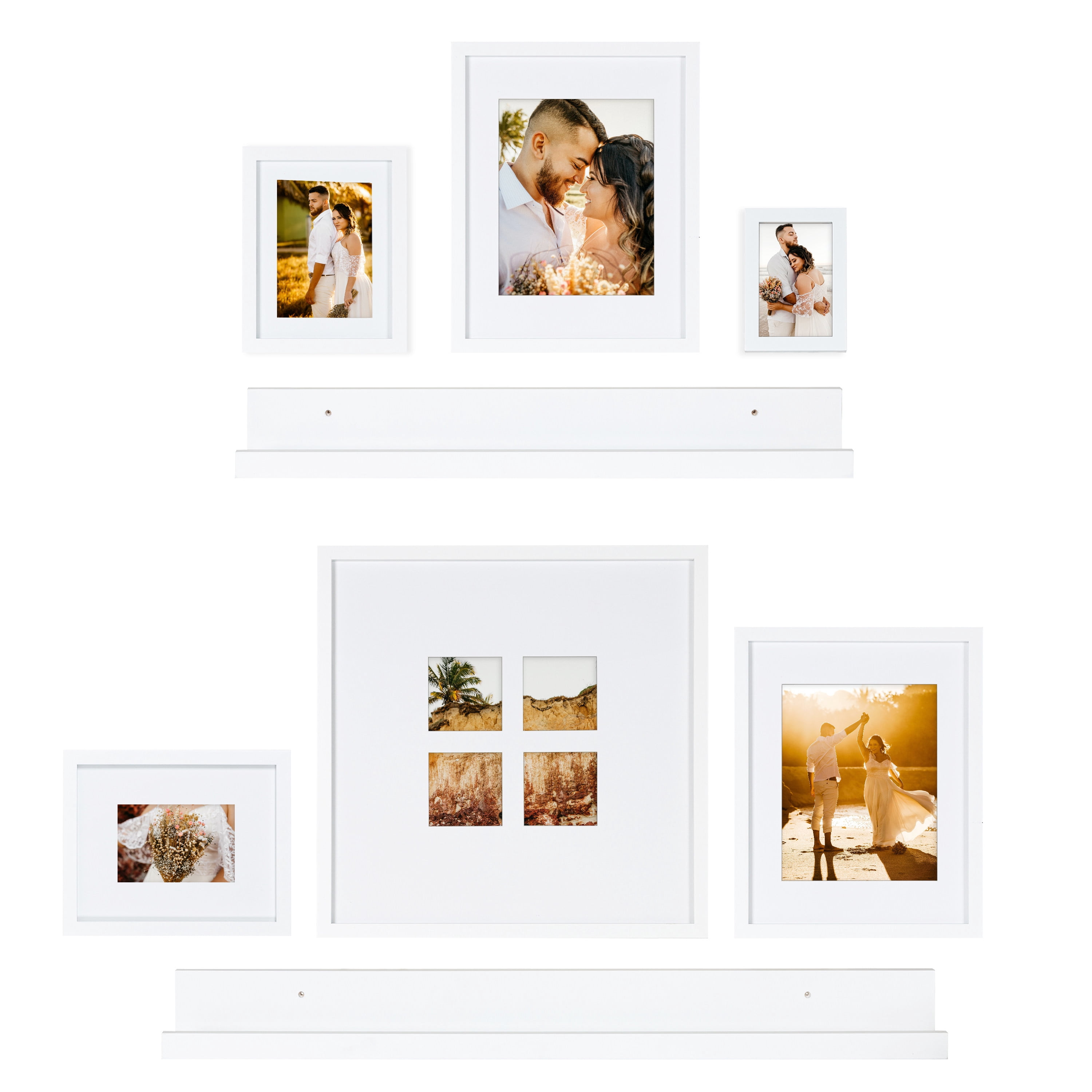 Kate and Laurel Gallery Transitional Frame and Shelf Set, Set of 8, White, Sophisticated Picture Frame Collage With Multiple Sizes Included