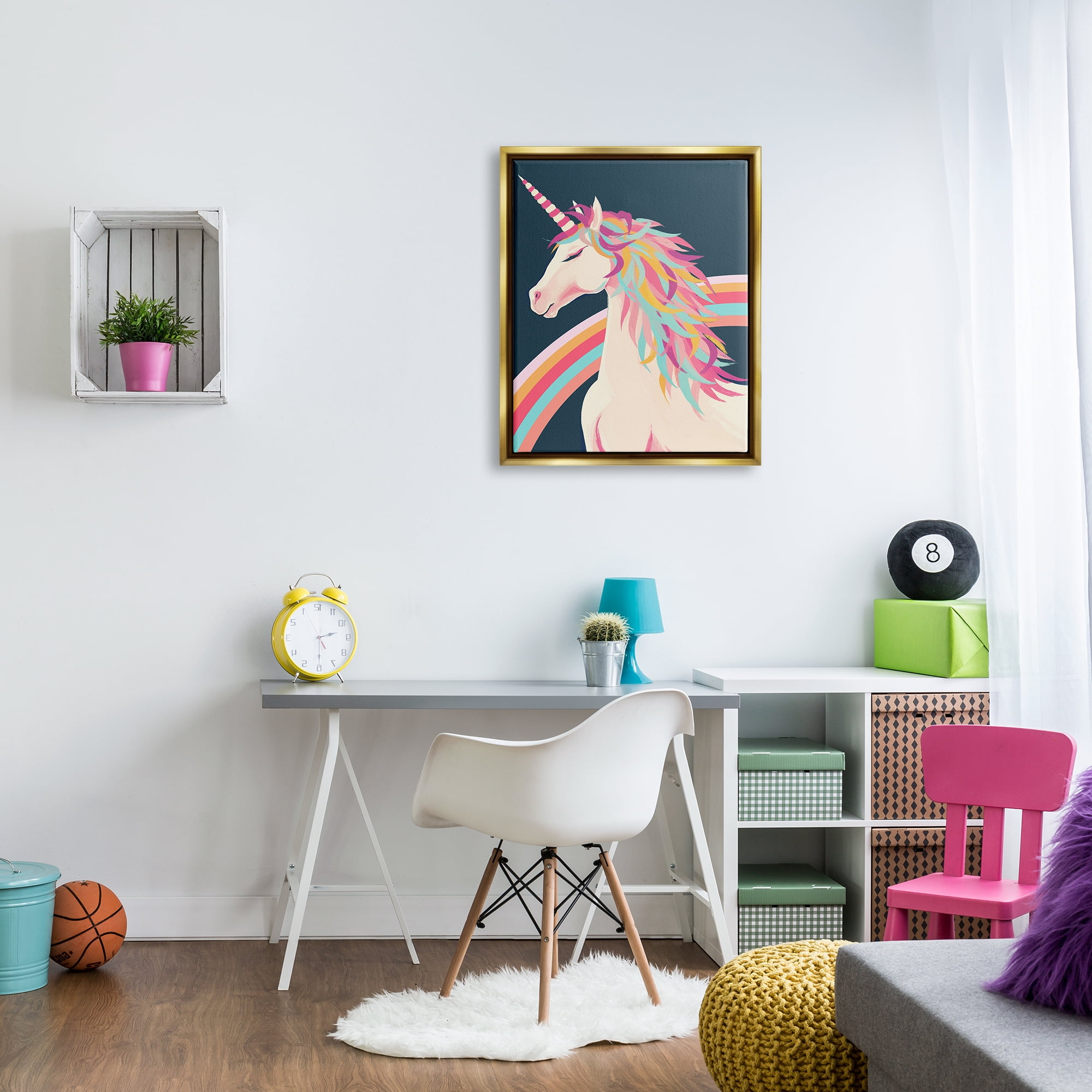 Stupell Industries Unicorn Rainbow Mane Fairy Tales & Fantasy Painting Gold Floater Framed Canvas Art Print Wall Art, 25 x 31