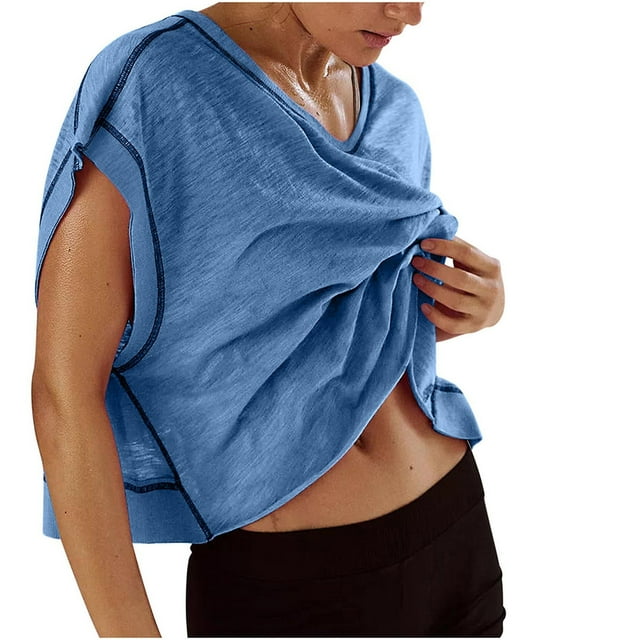 Tii.MM Women Short Sleeve Workout Shirts Open Back Tops Casual Color Block Yoga Athletic Gym Crop Running Tees