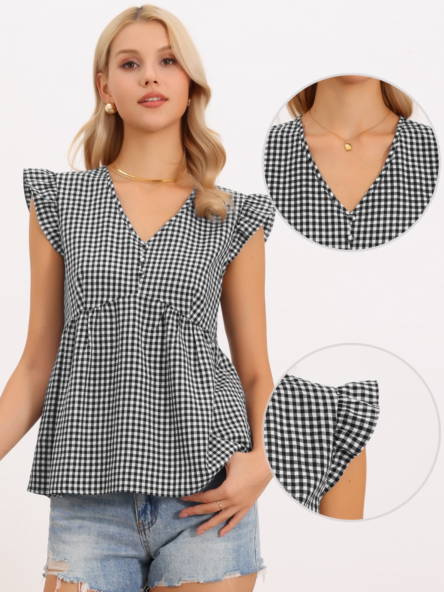 DARING DIVA Women's Gingham Cap Sleeve V Neck Peplum Casual Plaid Tops XL Black