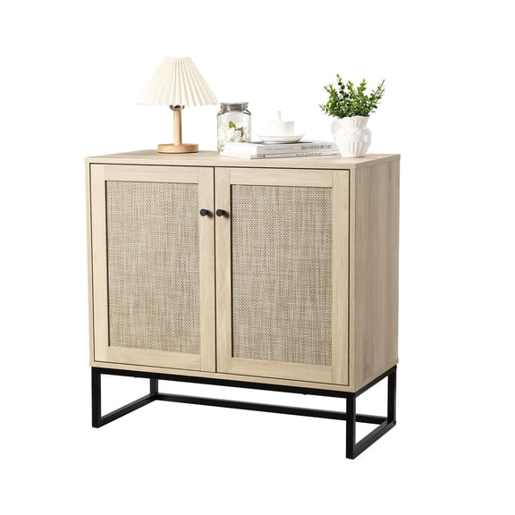 Sideboard Buffet Table, Storage Cabinet with 2 Doors, Wood Kitchen Sideboard Accent Cabinet Rattan Decorating Storage Cupboard with Adjustable Shelves for Dining Room, Living Room, Hallway