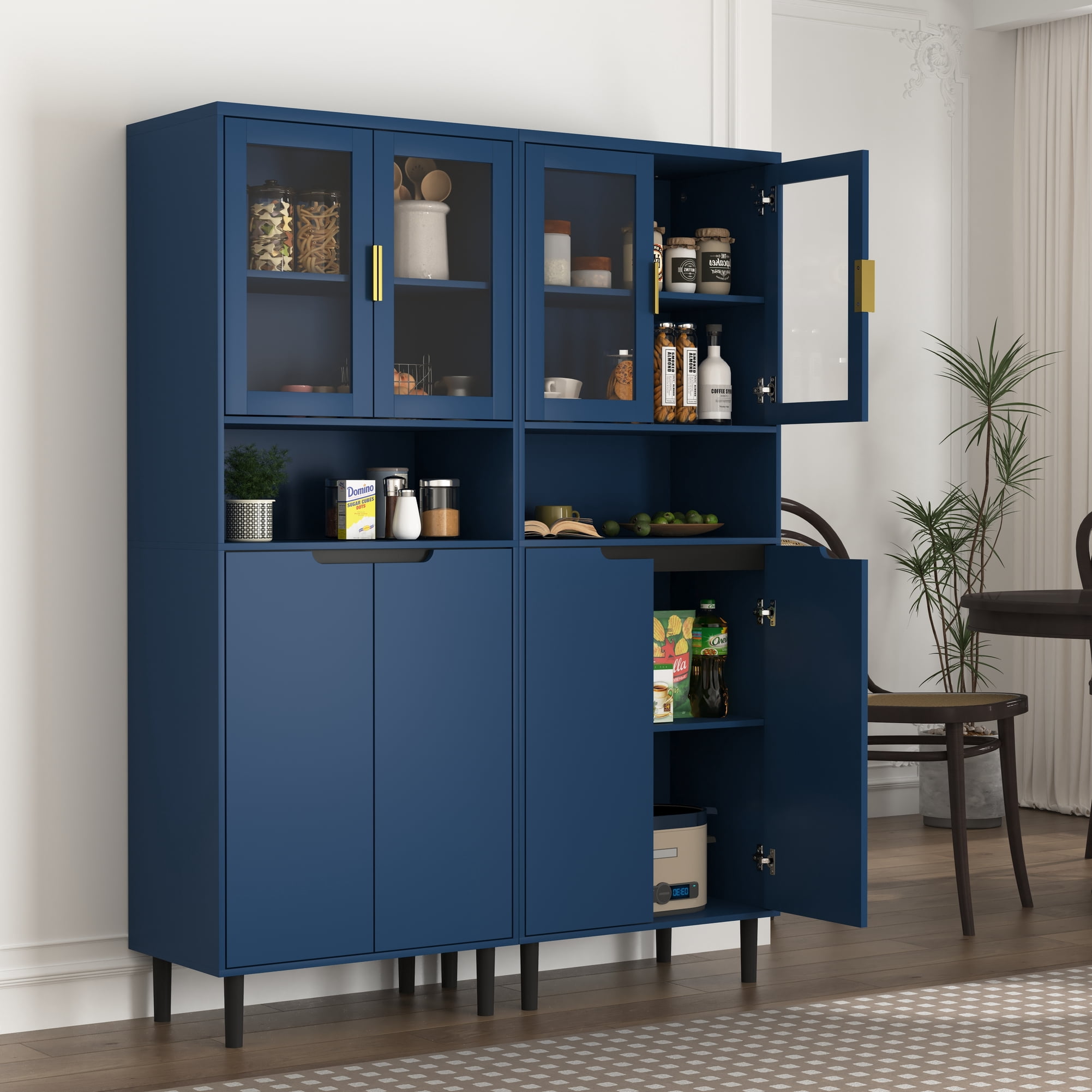 Noble House Tall Storage Bookcase Cabinet with Tempered Glass Doors and Adjustable Shelf, Navy Blue