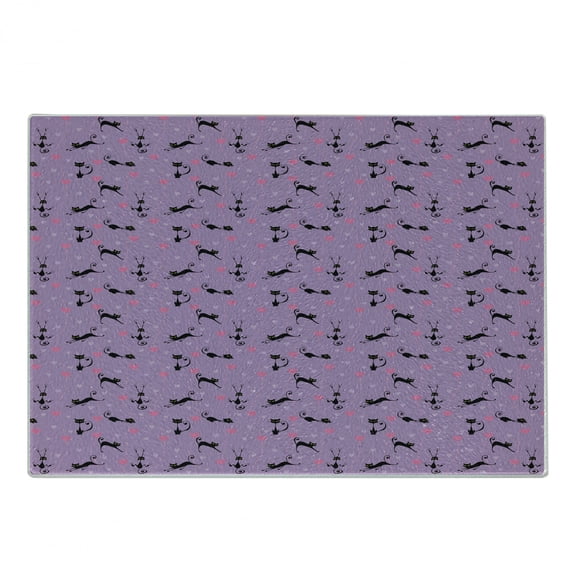 Teen Room Cutting Board, Little Kittens Pattern with Heart Caricature Funny Cat Cartoon, Decorative Tempered Glass Cutting and Serving Board, Small Size, Violet Pink Black, by Ambesonne