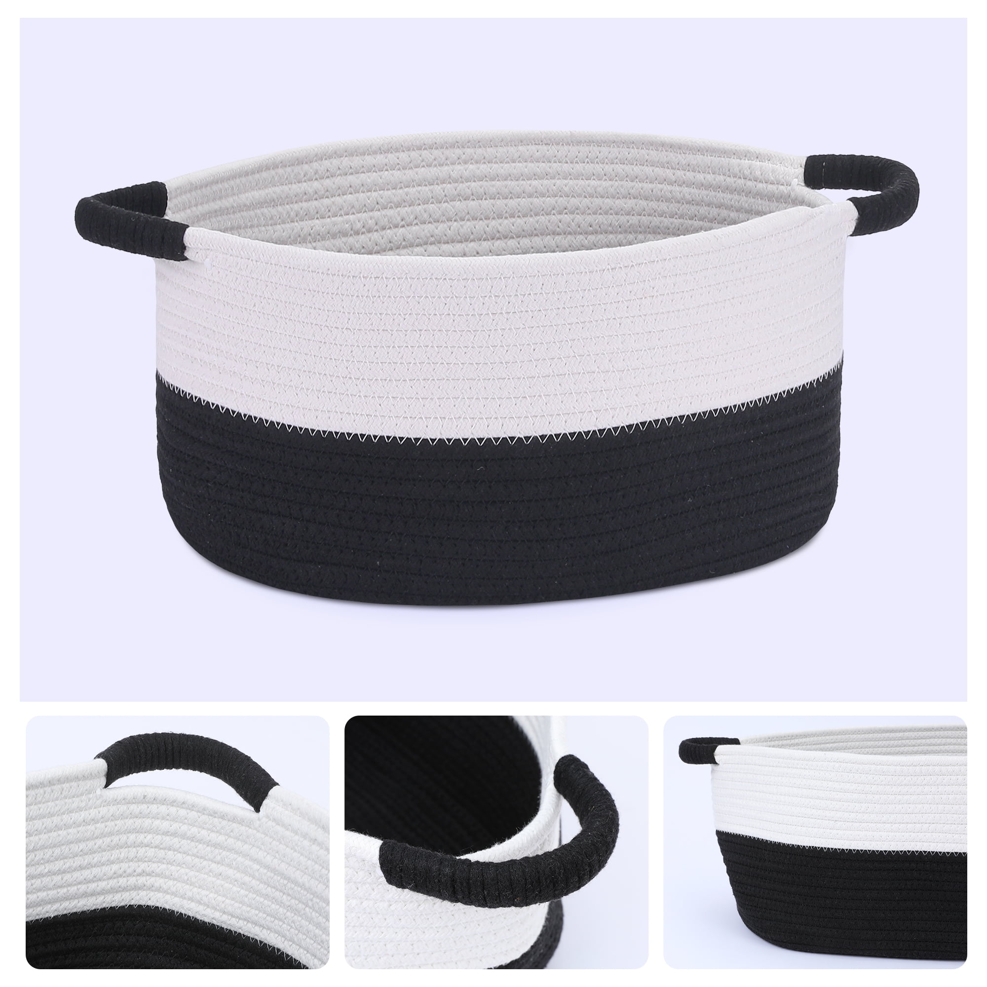 Unique Bargains Woven Storage Basket Bin with Handles White/Black 13*9.5*7in