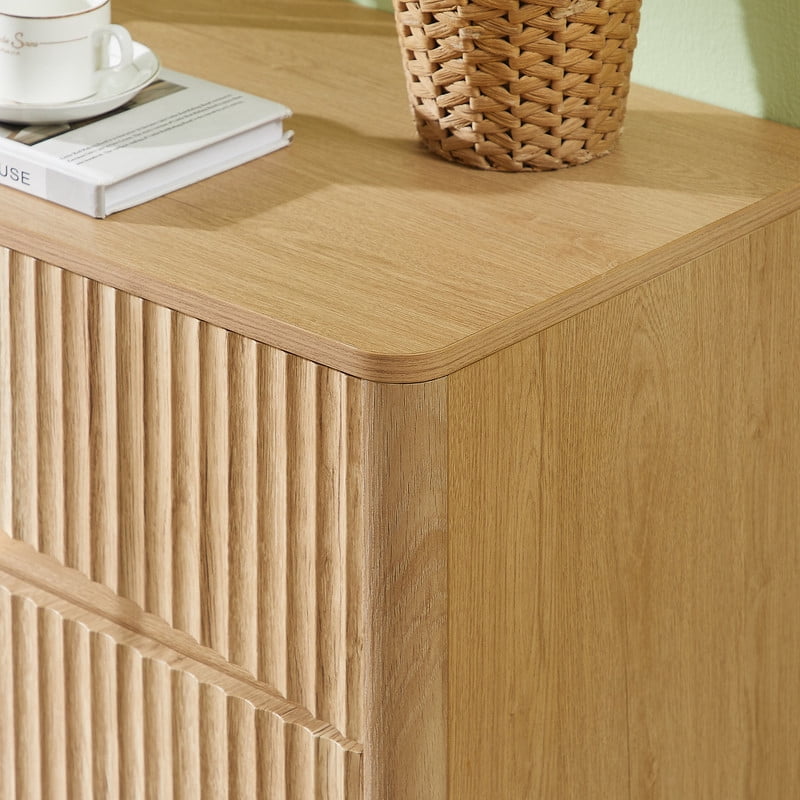 Fluted 3 Drawer Nightstand with Metal Handles,Wood Dresser Chest,Storage Cabinet for Bedroom, Living Room,Oak