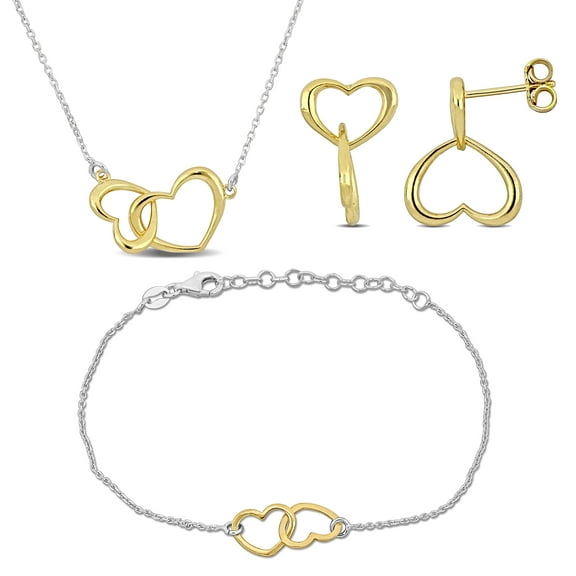 Everly Women's Two-Tone Silver Double Heart Necklace Earrings & Bracelet Set - 16.5 1 & 7 1 in