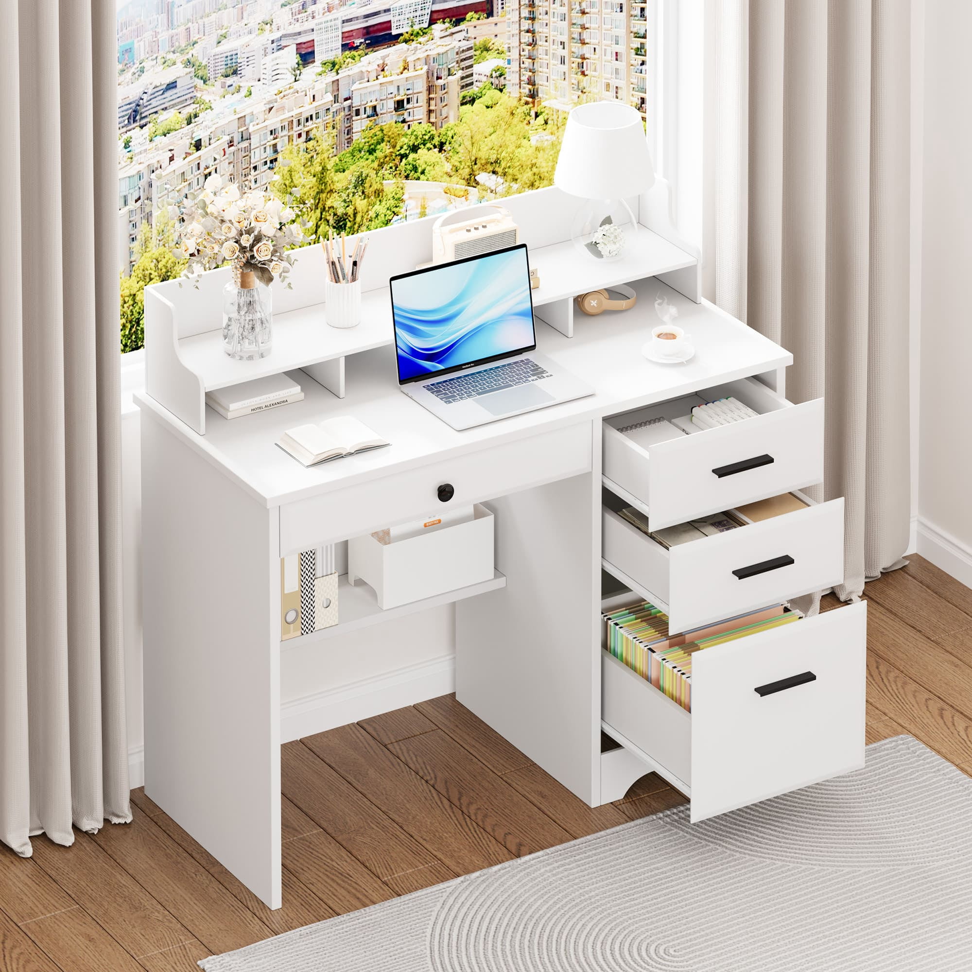 4 EVER WINNER White Home Office Computer Desk with 4 Drawers & Hutch, Modern Wood Study Writing Table for Bedroom, Home Office Furniture with Ample Storage Space