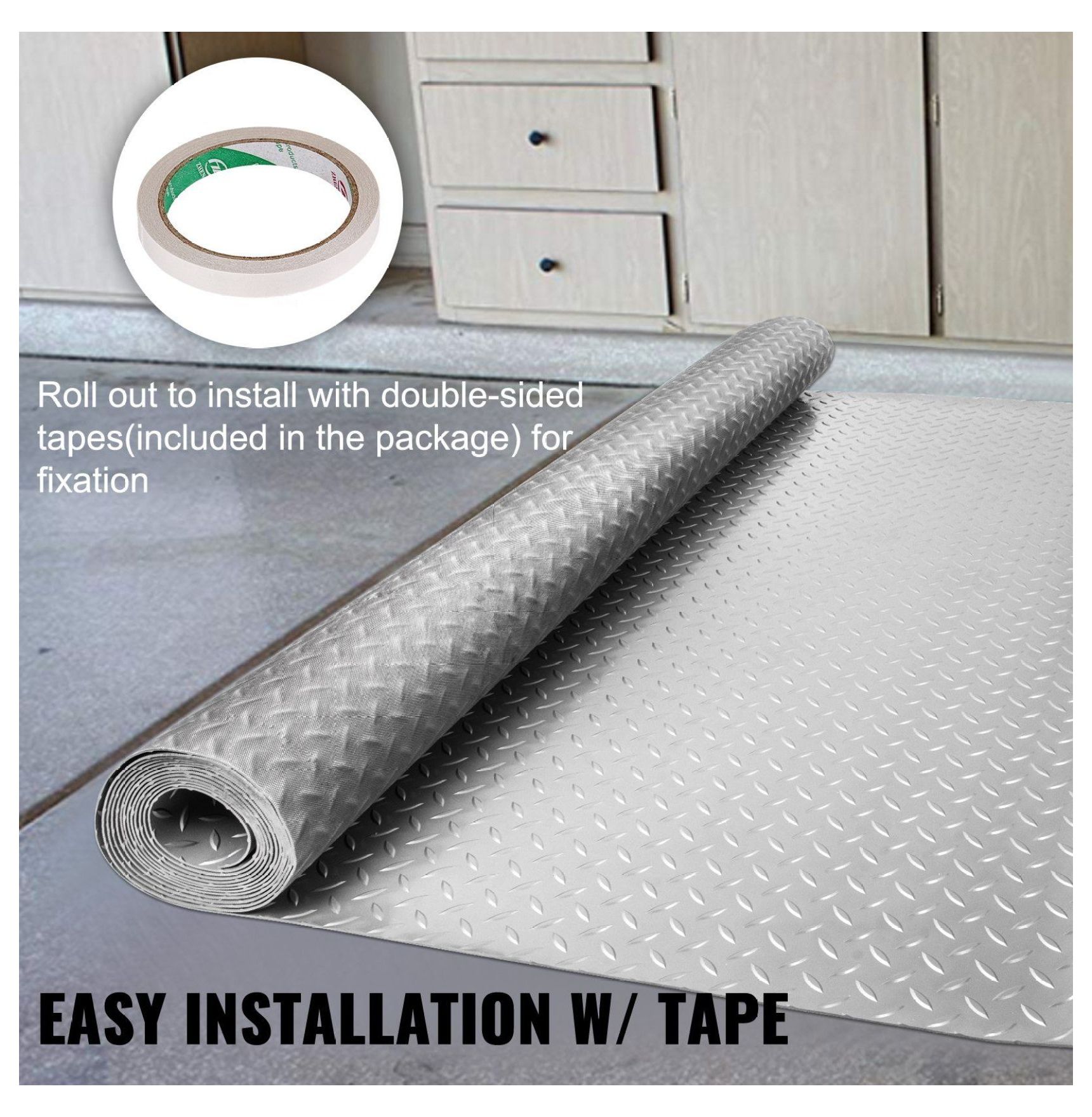 Garage Floor Mat 4.9x13ft Vinyl Flooring Roll - Anti-Slip Diamond Texture