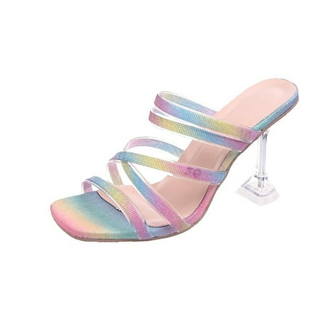 

Gzztg Sandals Women Summer Ladies Square Head High-Heeled Casual Women S Beach Shoes Nude Heels For