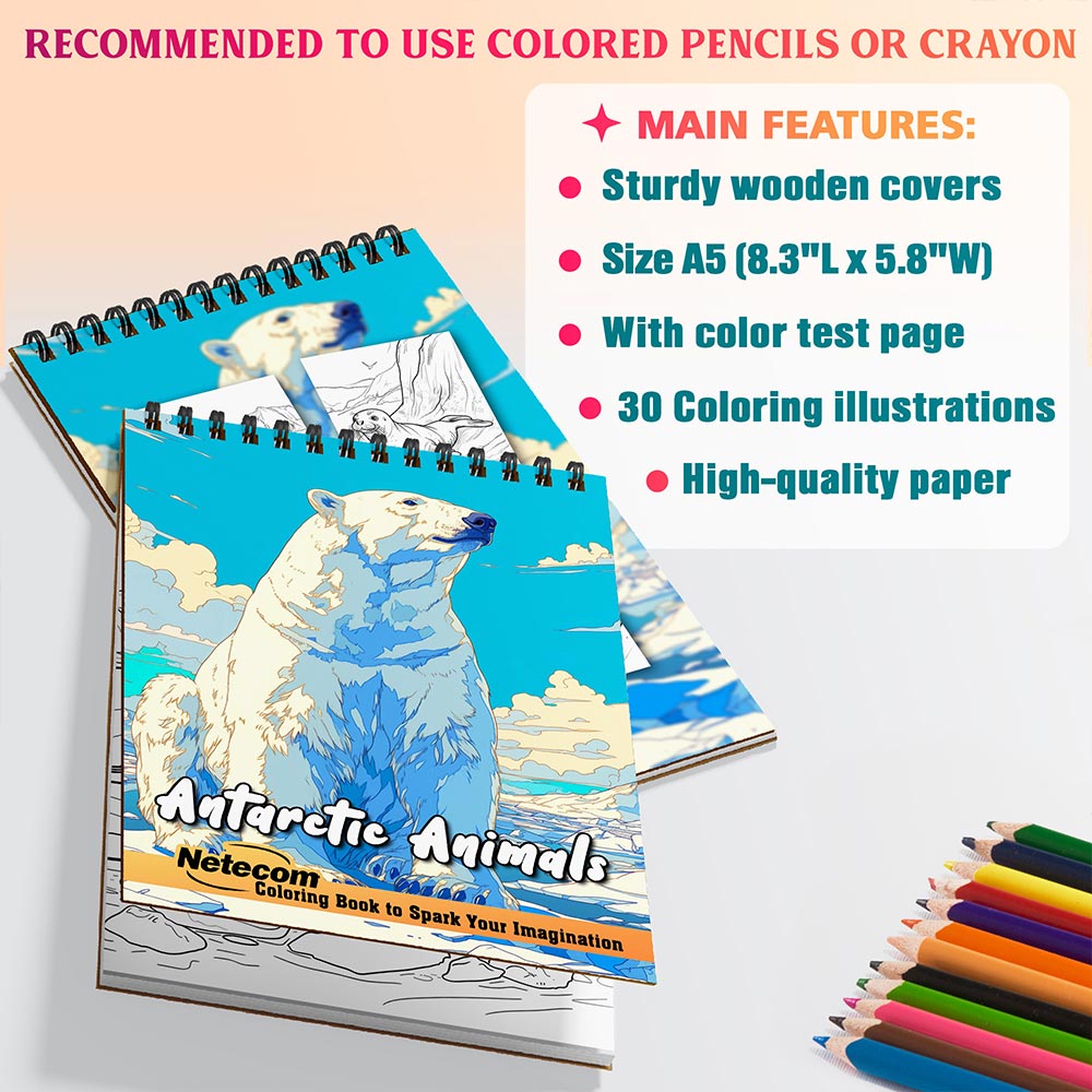 Netecom Antarctic Animals Coloring Book for Adults, A5 Wooden Cover, 30 Beautiful Nature Coloring Pages of Antarctic Wildlife for Stress Relief and Relaxation, Spiral Bound Edition