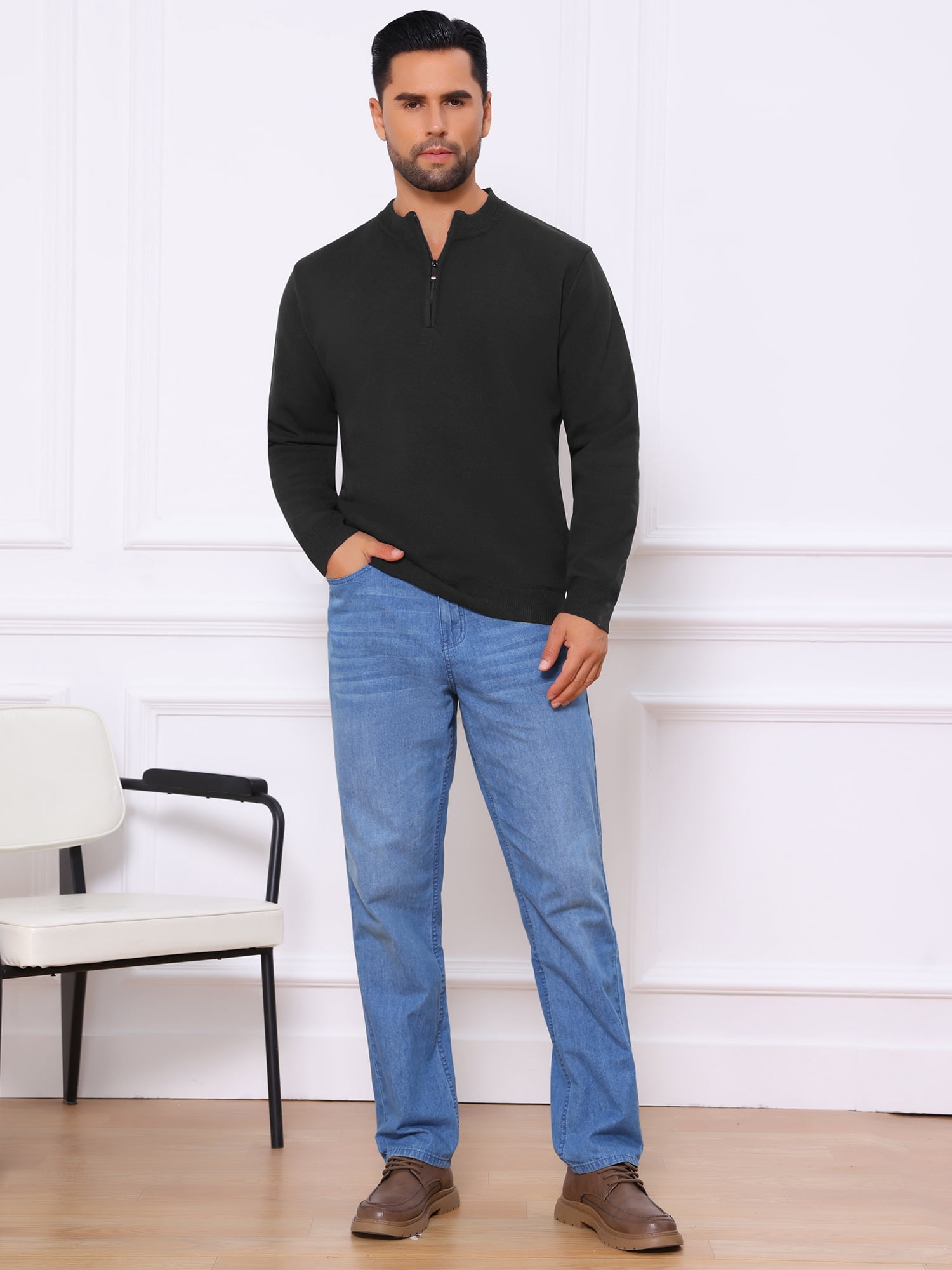 DARING DIVA Men's Mock Neck Pullover Quarter Zip Knitted Polo Sweater M Black