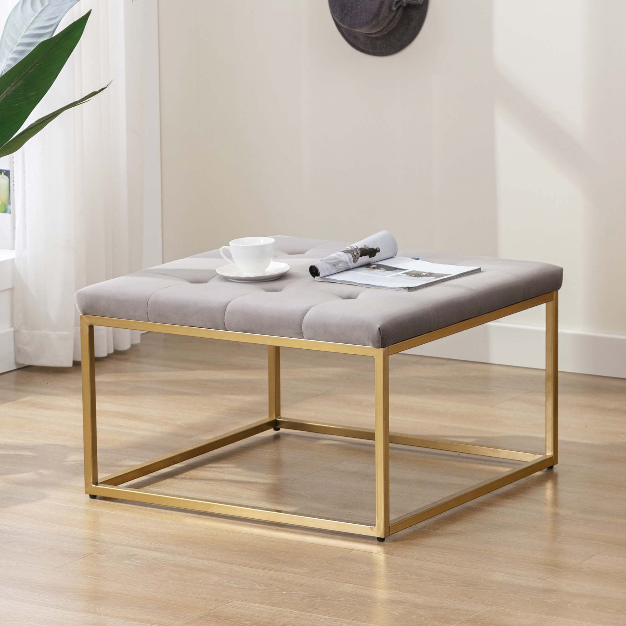 Duhome Upholstered Square Ottoman Coffee Table, Modern Tufted Ottoman with Metal Base Footrest Ottoman for Living Room, Velvet Black
