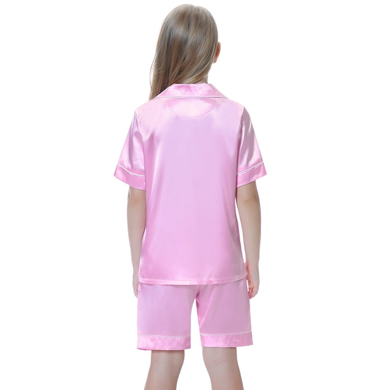 Uniexcosm Girls Pajamas Set Silk Satin 2 Piece Short Pjs Sleepwear for 7 15Y Pink