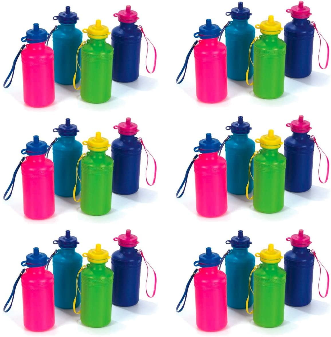 12 Kids Water Bottles Bulk Pack, Summer Beach Accessory | Holds 18 Ounces,  6 Different Neon Colors With Wrist Strap (12 Pack)