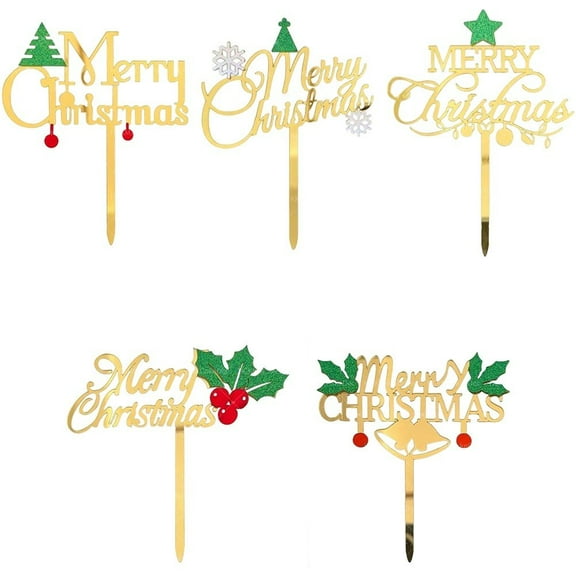 5pcs Gold Merry Christmas Cake Toppers Christmas Cake Decorations Cupcake Picks, Acrylic Cupcake Toppers For Xmas Party New Year