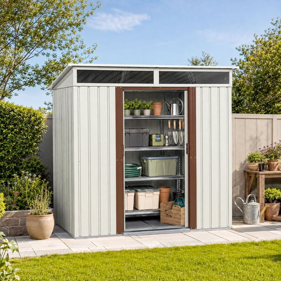 CarButler 6x5ft Metal Outdoor Storage Shed with Transparent Plate and Lockable Sliding Doors for Garden Backyard Patio White