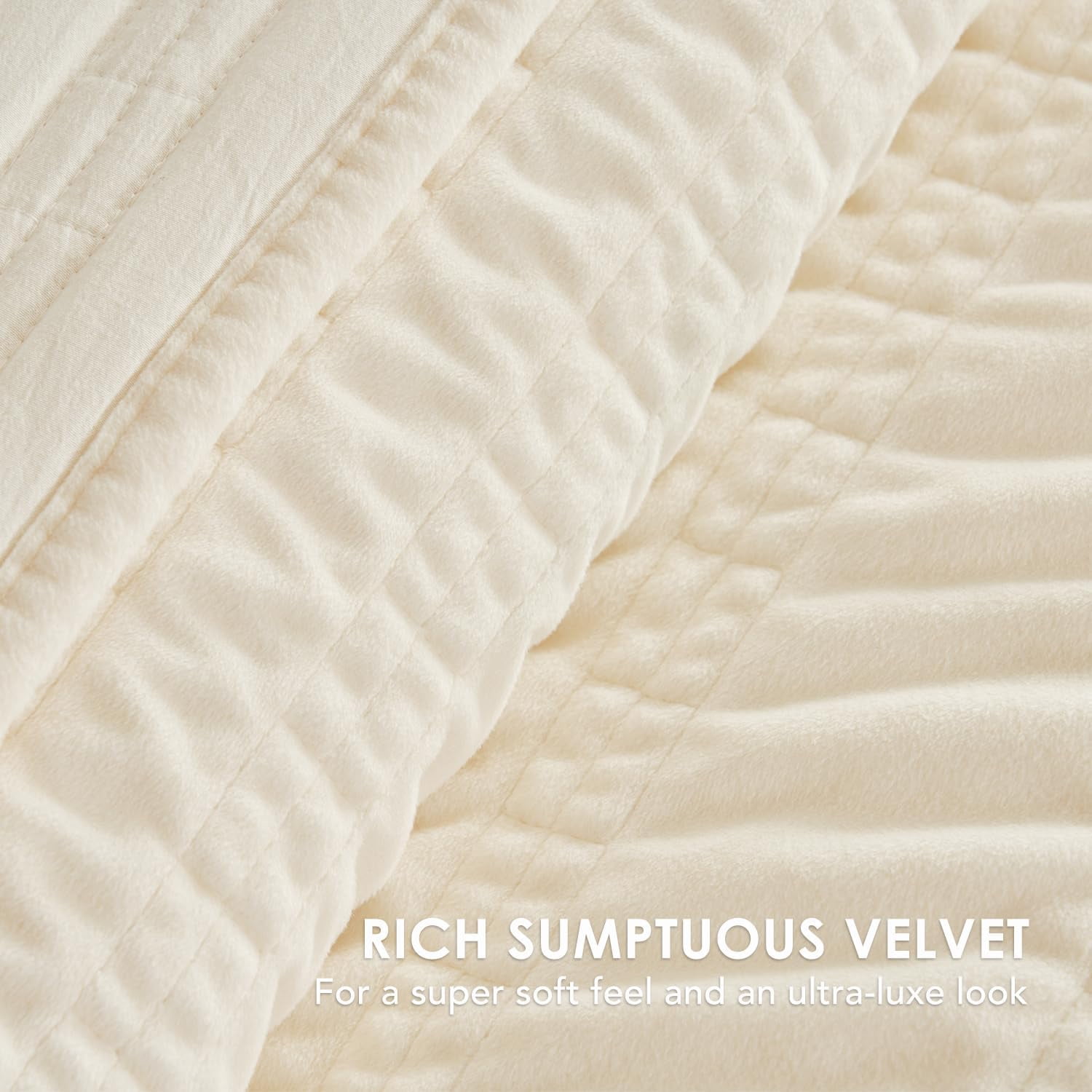 EVERGRACE Velvet Quilt King Size, Luxury Velvet Bedding Set, Ultra Soft Ruched Quilt Sets, Lightweight Comforter Vintage Textured Bedspread Coverlet with 2 Shams for All Season, Cream White